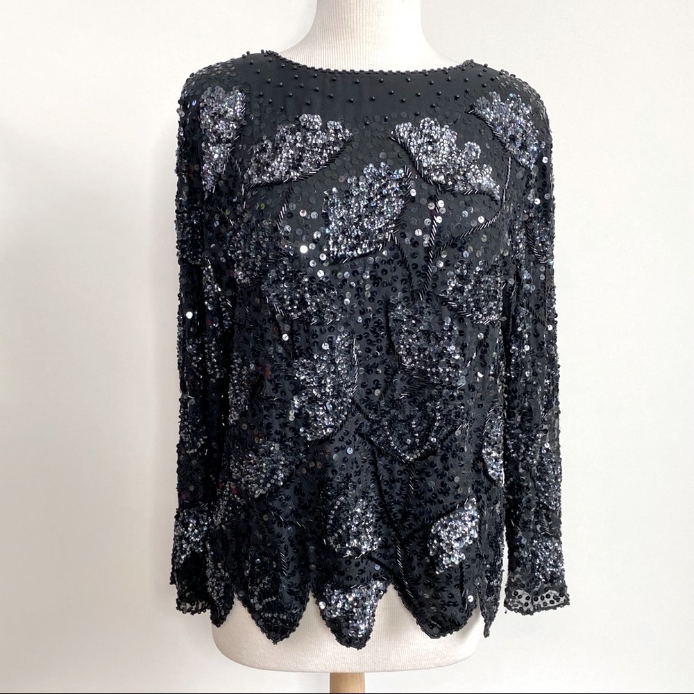 Vintage 80s 90s black heavily beaded floral top